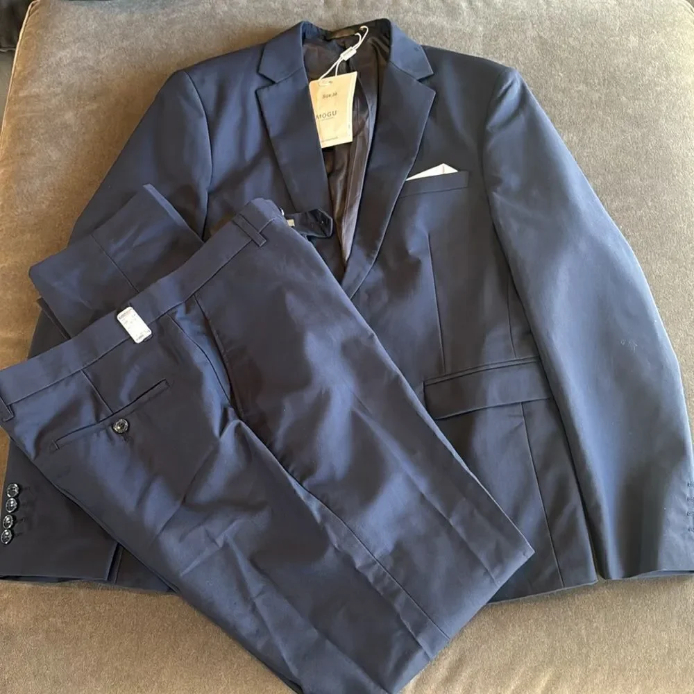 Men’s Mogu Blue 2 Piece One Button Slim Fit Suit Size 36 Jacket 34 Pants NWT